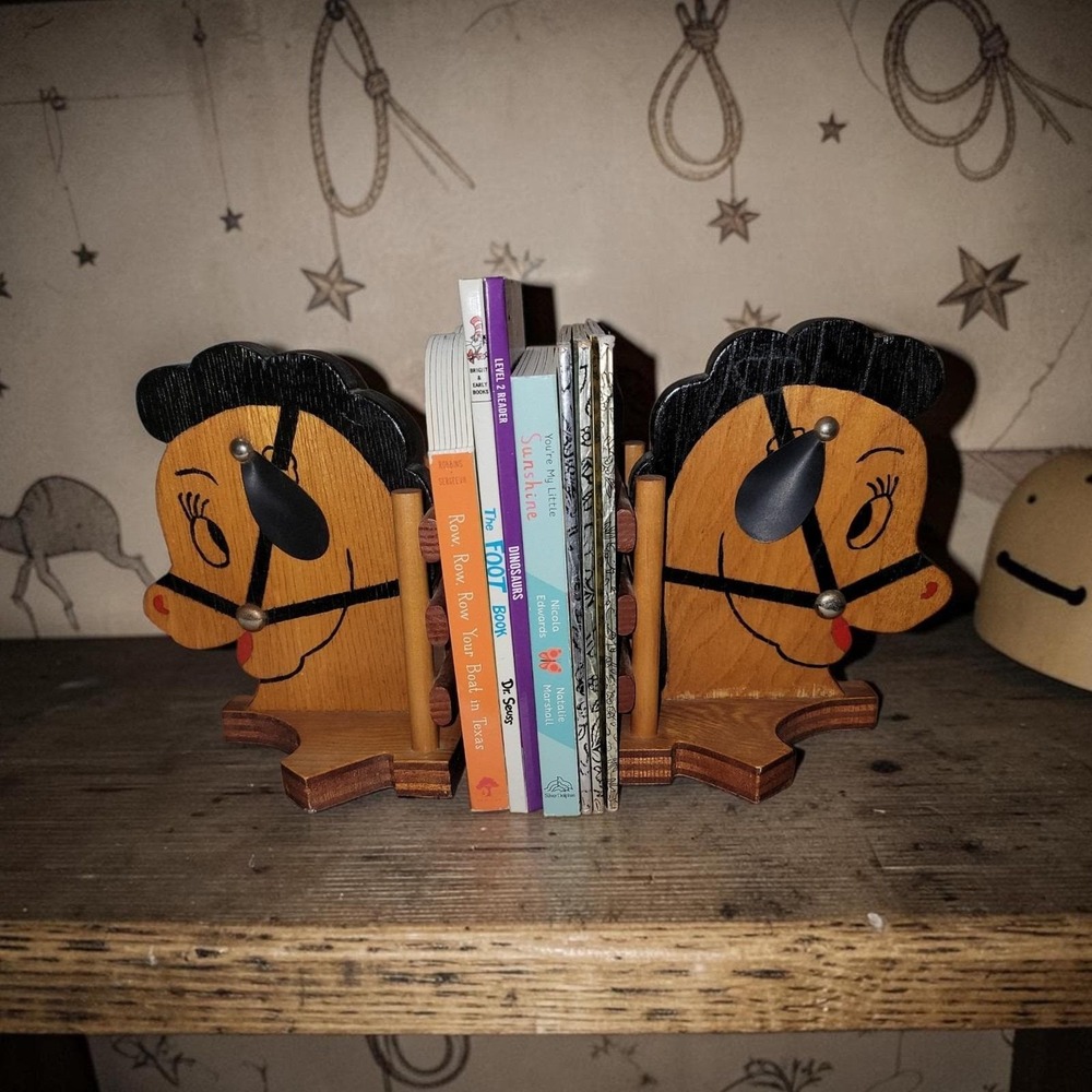 Vintage Wooden Horse Bookends Pair Hand Painted Nursery Folk Art Decor